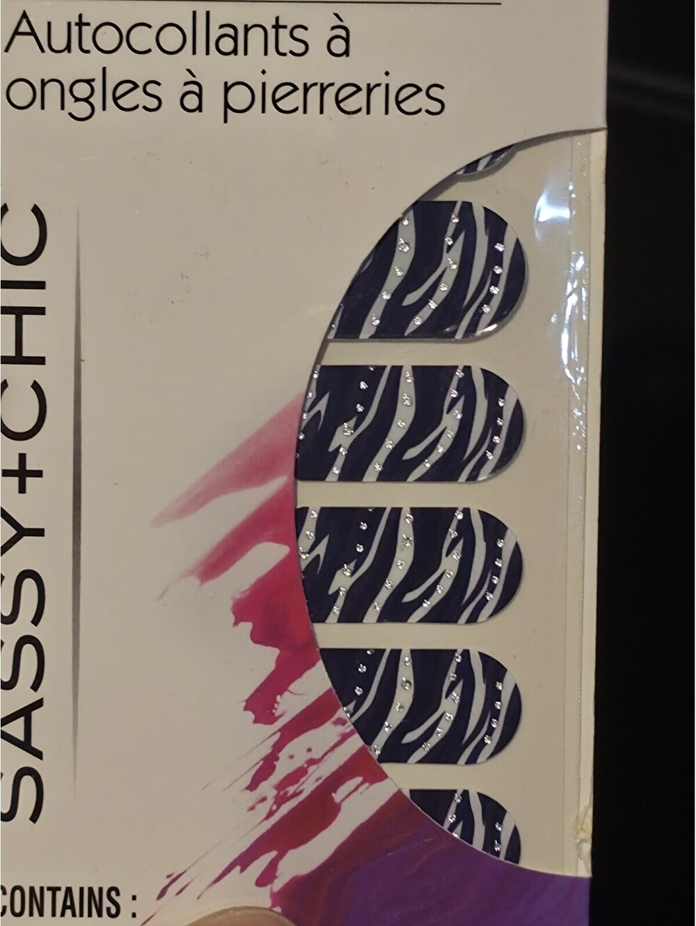 Sassy + Chic Zebra Black And White Jewled Nail Strip